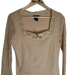 Womens Vintage Express Cream Lace Sheer Top  Long Sleeves   Size M to L